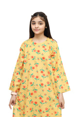 Plum Digital Lawn Yellow Colour Printed Peach Green Flowers on 2 Pc stitched suit for Girls.