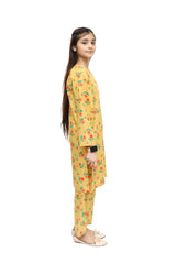 Plum Digital Lawn Yellow Colour Printed Peach Green Flowers on 2 Pc stitched suit for Girls.