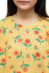 Plum Digital Lawn Yellow Colour Printed Peach Green Flowers on 2 Pc stitched suit for Girls.