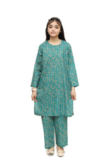 Plum Digital Lawn Green Colour Printed Peach Yellow Flowers on 2 Pc stitched suit for Girls.