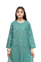 Plum Digital Lawn Green Colour Printed Peach Yellow Flowers on 2 Pc stitched suit for Girls.