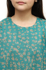 Plum Digital Lawn Green Colour Printed Peach Yellow Flowers on 2 Pc stitched suit for Girls.