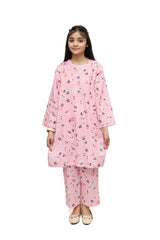 Plum Digital Lawn Pink Colour Printed Black White Flowers on 2 Pc stitched suit for Girls.