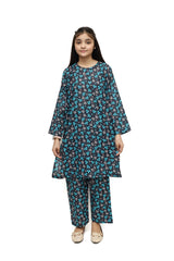 Plum Digital Lawn Black Colour Printed White Sky Blue Leaves on 2 Pc stitched suit for Girls.