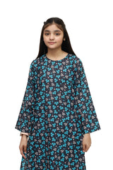 Plum Digital Lawn Black Colour Printed White Sky Blue Leaves on 2 Pc stitched suit for Girls.