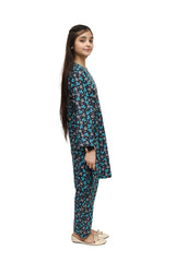Plum Digital Lawn Black Colour Printed White Sky Blue Leaves on 2 Pc stitched suit for Girls.