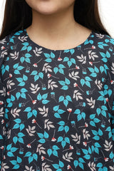 Plum Digital Lawn Black Colour Printed White Sky Blue Leaves on 2 Pc stitched suit for Girls.