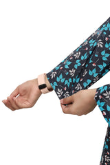 Plum Digital Lawn Black Colour Printed White Sky Blue Leaves on 2 Pc stitched suit for Girls.