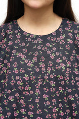 Plum Digital Lawn Black Colour Printed Pink Green Flowers on 2 Pc stitched suit for Girls.