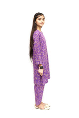 Plum Digital Lawn Purple Colour Printed Peach Orange Flowers on 2 Pc stitched suit for Girls.
