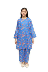 Plum Digital Lawn Cool Blue Colour Printed Orange Flowers on 2 Pc stitched suit for Girls.