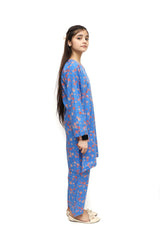 Plum Digital Lawn Cool Blue Colour Printed Orange Flowers on 2 Pc stitched suit for Girls.