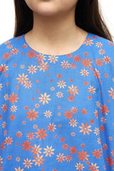 Plum Digital Lawn Cool Blue Colour Printed Orange Flowers on 2 Pc stitched suit for Girls.