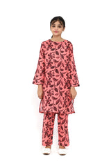 Plum Fine Lawn French Pink Colour Printed Black Leaves On 2 pc suit For Girls.