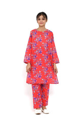 Plum Fine Lawn Rust Orange Colour Printed Lavender White Flowers On 2 pc suit For Girls.