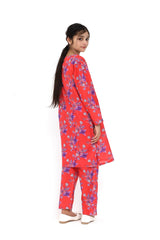 Plum Fine Lawn Rust Orange Colour Printed Lavender White Flowers On 2 pc suit For Girls.