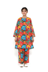 Plum Fine Lawn Red Carrot Colour Printed Blue Orange Flowers On 2 pc suit For Girls.