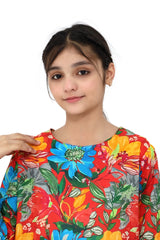 Plum Fine Lawn Red Carrot Colour Printed Blue Orange Flowers On 2 pc suit For Girls.