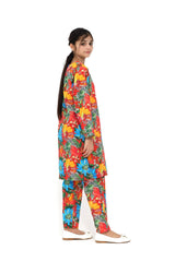 Plum Fine Lawn Red Carrot Colour Printed Blue Orange Flowers On 2 pc suit For Girls.