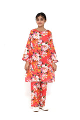 Plum Fine Lawn Coral Colour Printed White Pink Flowers On 2 pc suit For Girls.