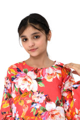 Plum Fine Lawn Coral Colour Printed White Pink Flowers On 2 pc suit For Girls.