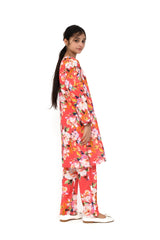 Plum Fine Lawn Coral Colour Printed White Pink Flowers On 2 pc suit For Girls.