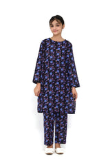 Plum Fine Lawn Black Colour Printed Purple Blue Flowers On 2 pc suit For Girls.