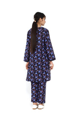 Plum Fine Lawn Black Colour Printed Purple Blue Flowers On 2 pc suit For Girls.