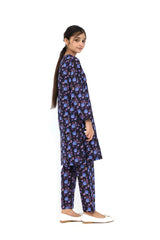 Plum Fine Lawn Black Colour Printed Purple Blue Flowers On 2 pc suit For Girls.