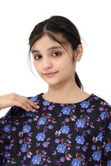 Plum Fine Lawn Black Colour Printed Purple Blue Flowers On 2 pc suit For Girls.