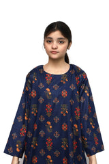 Plum Digital Lawn Dark Blue Colour Green Yellow Red Flowers on 2 Pc stitched suit for Girls