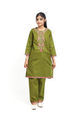 Plum 100% Fine Cotton Olive Green Colour Embroidered Pink Green 2 pc suit For Girls.