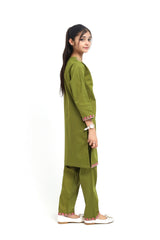 Plum 100% Fine Cotton Olive Green Colour Embroidered Pink Green 2 pc suit For Girls.