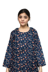 Plum Digital Lawn Dark Blue Colour Orange White Flowers on 2 Pc stitched suit for Girls