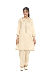 Plum 100% Fine Cotton Almond Colour Embroidered Green Pink  2 pc suit For Girls.