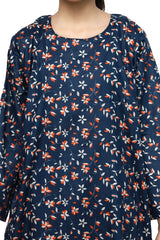 Plum Digital Lawn Dark Blue Colour Orange White Flowers on 2 Pc stitched suit for Girls