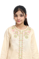 Plum 100% Fine Cotton Almond Colour Embroidered Green Pink  2 pc suit For Girls.