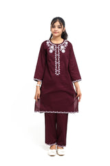 Plum 100% Fine Cotton Dark Purple Colour Embroidered Purple White  2 pc suit For Girls.