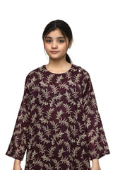 Plum Digital Lawn Maroon Colour Printed Beige Leaves on 2 Pc stitched suit for Girls