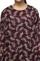 Plum Digital Lawn Maroon Colour Printed Beige Leaves on 2 Pc stitched suit for Girls