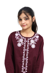 Plum 100% Fine Cotton Dark Purple Colour Embroidered Purple White  2 pc suit For Girls.