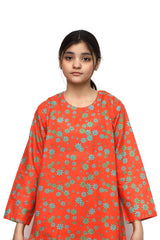 Plum Digital Lawn Orange Colour Printed Green and  Sea Green Flowers on 2 Pc stitched suit for Girl