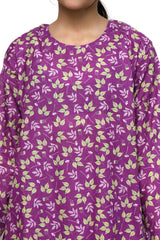 Plum Digital Lawn Purple Colour Printed Light Green Purple Leaves on 2 Pc stitched suit for Girls.