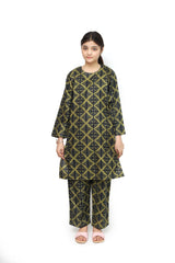 Plum Digital Lawn Olive Colour Printed Dark Blue Patterns on 2 Pc stitched suit for Girls.