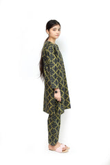 Plum Digital Lawn Olive Colour Printed Dark Blue Patterns on 2 Pc stitched suit for Girls.