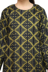Plum Digital Lawn Olive Colour Printed Dark Blue Patterns on 2 Pc stitched suit for Girls.