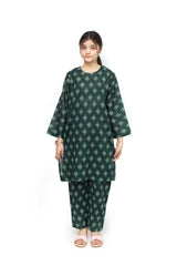 Plum Doriya Lawn Dark Green Colour Printed Sea Green Yellow White Flowers on 2 Pc stitched suit for Girls.