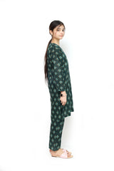 Plum Doriya Lawn Dark Green Colour Printed Sea Green Yellow White Flowers on 2 Pc stitched suit for Girls.