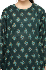 Plum Doriya Lawn Dark Green Colour Printed Sea Green Yellow White Flowers on 2 Pc stitched suit for Girls.