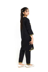 Plum 100% Fine Cotton Black Colour Embroidered Golden Red threads On 2 pc suit For Girls.